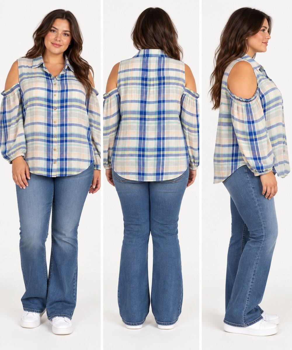 Maurices Womens Shirt Button Down Collared Cold Shoulder Long Sleeve Plaid 1X